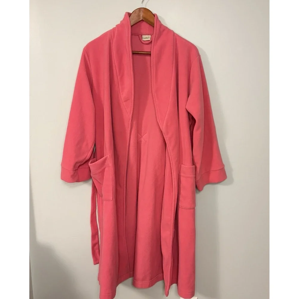 LL Bean Pink Fleece Robe Youth Size 14/16 Belted Tie Waist Pockets Item 212316